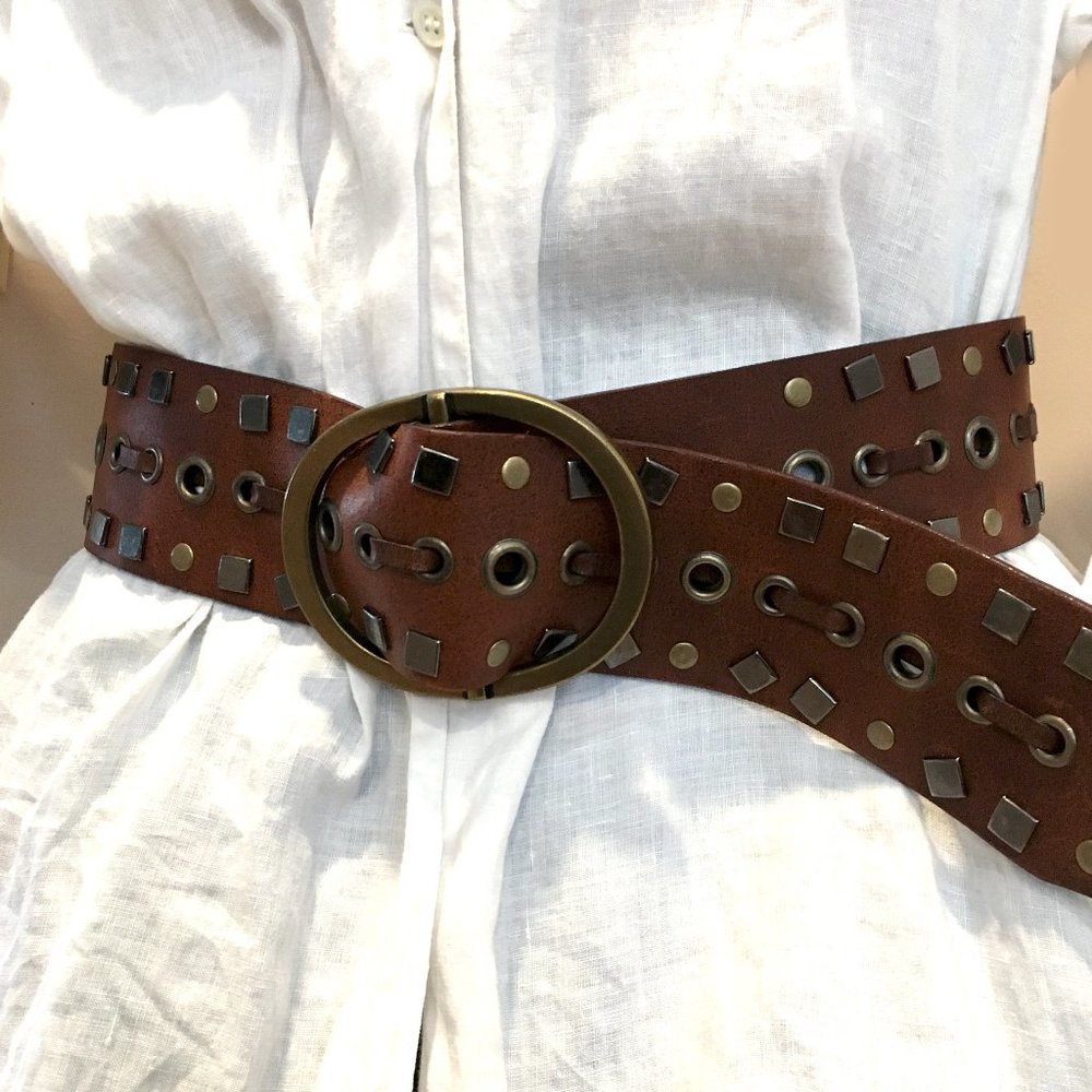 Extra Wide Leather Studded Belt Bronze Buckle 2.5"